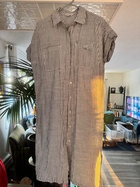 Ophelia Roe Pinstripe Shirt Dress - Oversized 100% Cotton Shacket - M